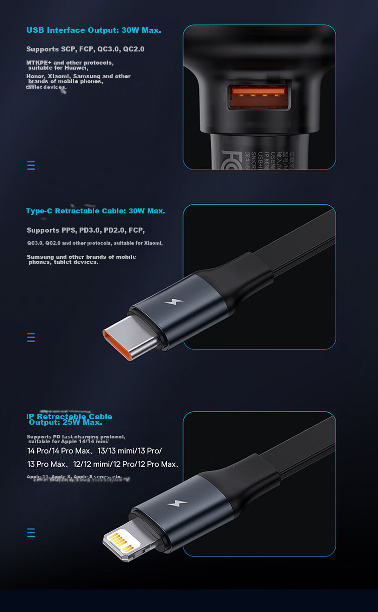 Baseus Car Charger Cigarette Lighter Three-In Super Fast Charging Adapter with Retractable Cable Compatible with Apple, Huawei, Xiaomi 7