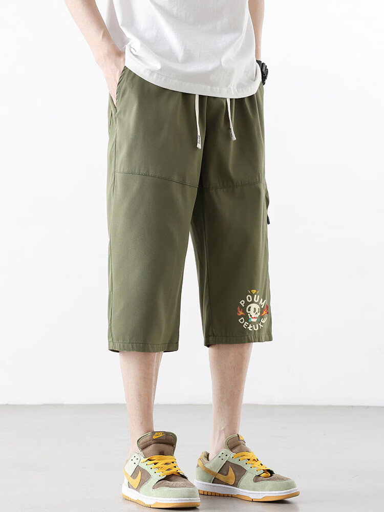POUM Casual Cargo Capri Pants for Men, Summer Loose-Fit Trendy Quick-Dry Ice Silk Sports Shorts TQ05 Black L 8