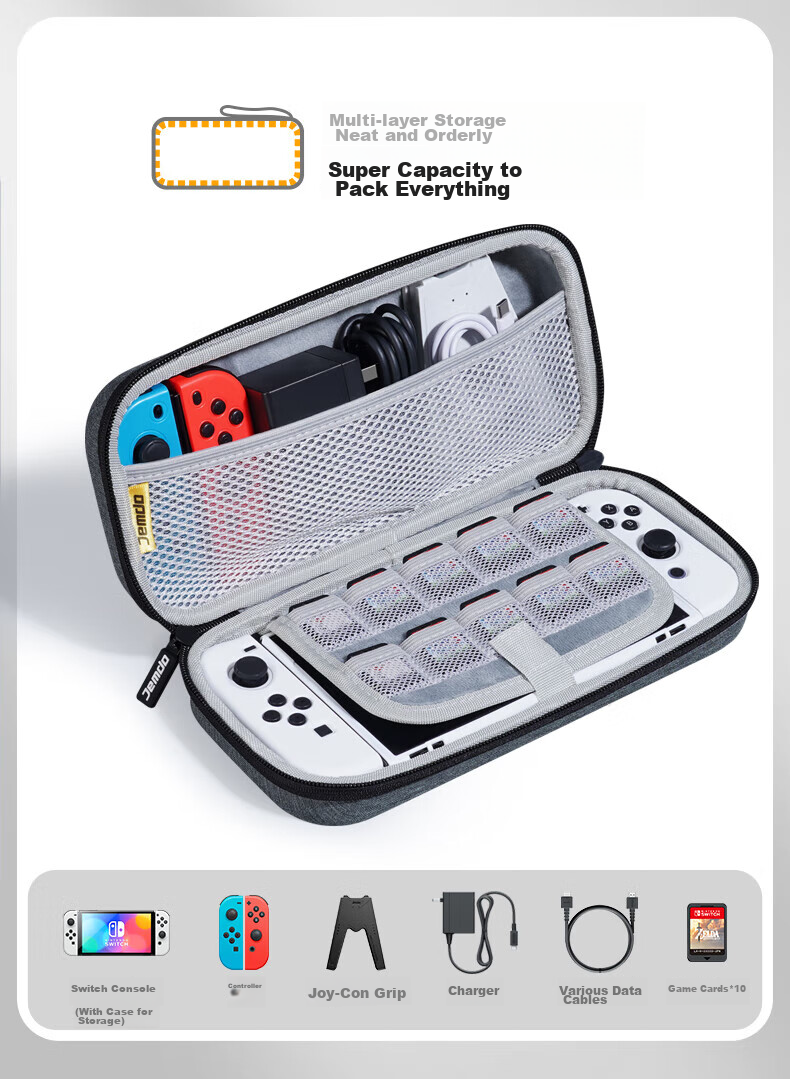 Jemdo Nintendo Switch Storage Case, Game Console Protective Box, NS/OLED Handheld Multi-Functional Portable Storage Case, Large Capacity Protective Bag, Storage Pouch, Gray 8