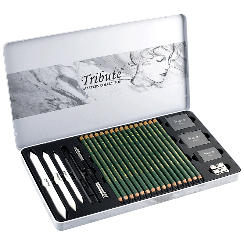MARCO Charcoal Sketching Pencil Master Series Professional Art 2B/4B/6B/16 Pieces Charcoal Pencils, 25-Piece Set Drawing Tools Kit, Sketch Markers