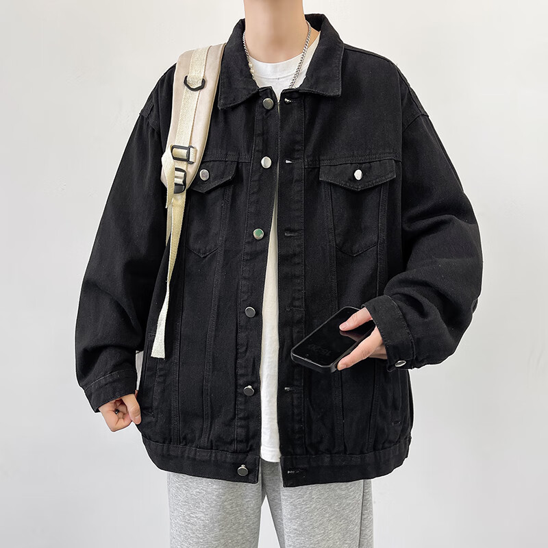 Dingfengbaoluo Casual Workwear Denim Jacket for Men, Spring Season Loose Fit Retro Lapel Versatile Coat HL38 Black 3XL