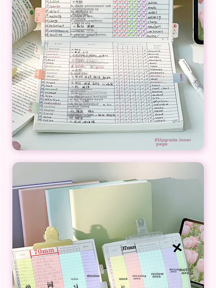 Class 3 Grade 2 A7 70-Page Vocabulary Notebook Set of 4 English Recitation Notebooks Ebbinghaus Memory Curve Writable Pocket Notebooks for Exam, Korean, Japanese, Small Notebooks Set of 4 3