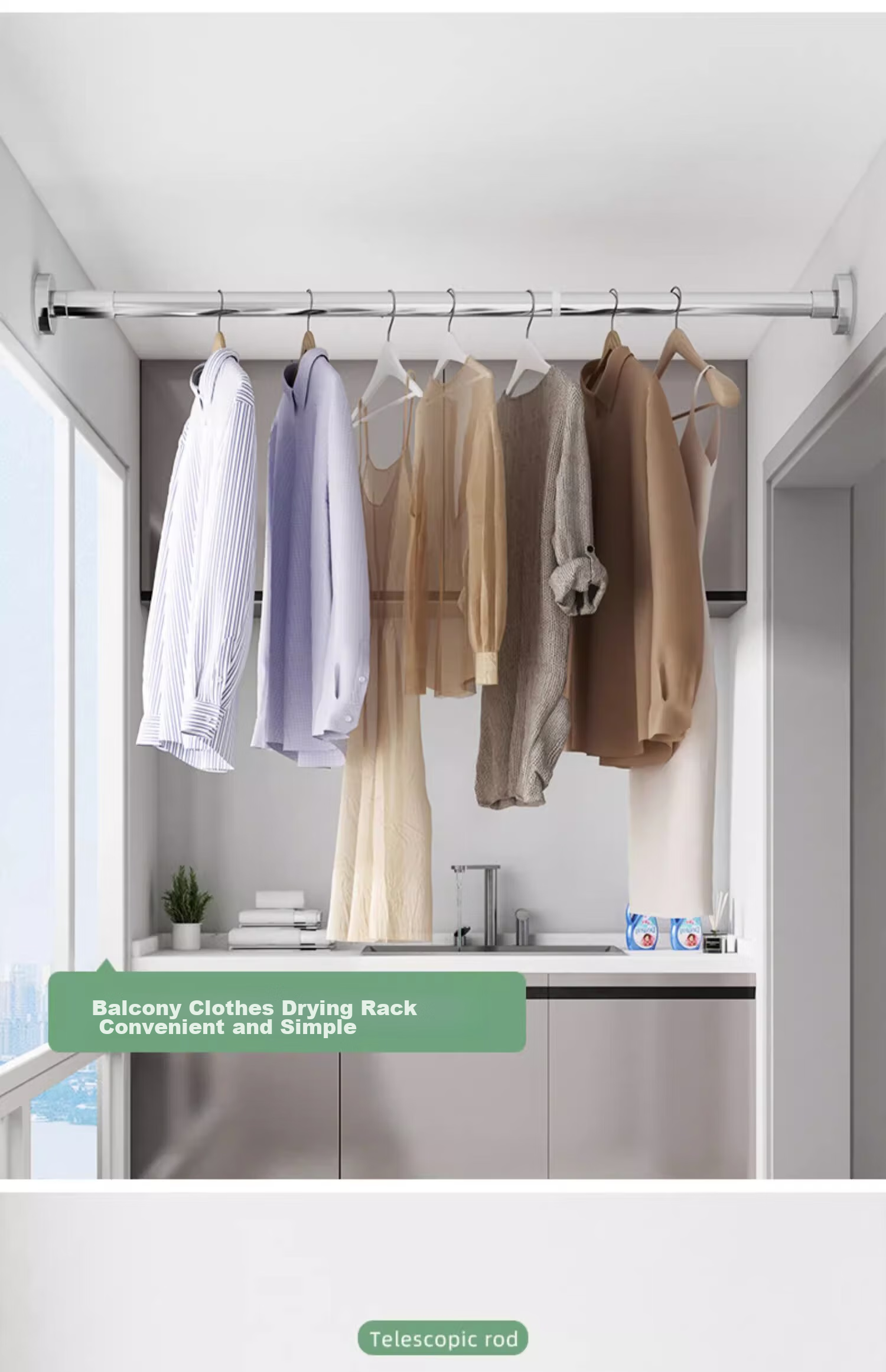 YOUQIN Retractable Clothes Drying Rod, No Drilling Required Support, Shower Curtain Rod, Bathroom Balcony Clothes Rack, Roman Rod, Bathroom Curtain Rod 7
