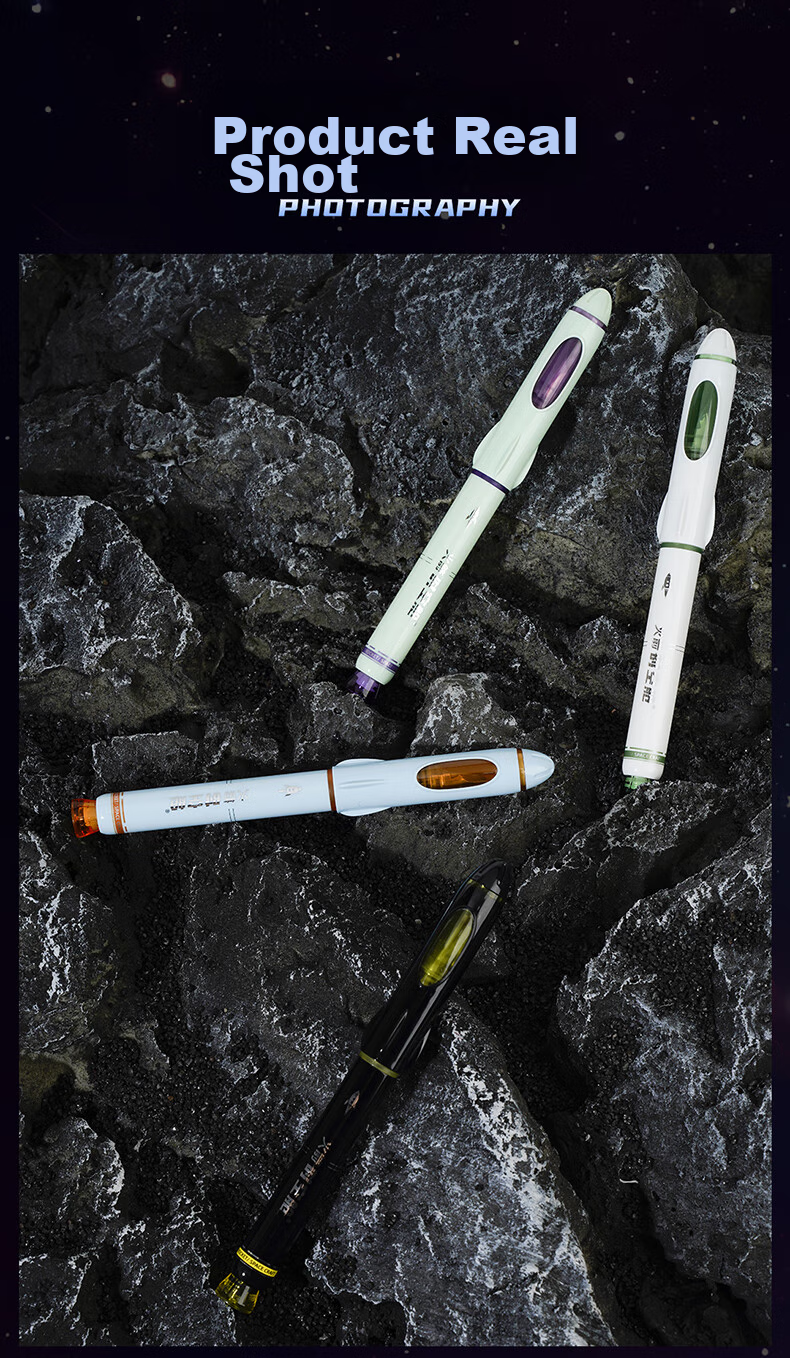 Dianshi Rocket Space Capsule Fountain Pen, Non-Splash F Nib, Third Grade Student Handwriting Practice Calligraphy Fountain Pen, Non-Heat Erasable, Back-To Season, Replaceable Ink Cartridge 7157 (Black Barrel), Magic Liquid Erasable Blue 11