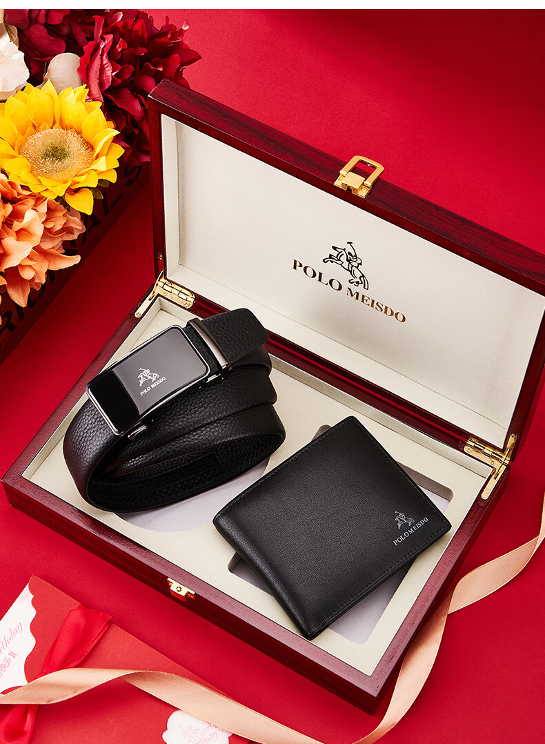 POLOMEISDO Men's Leather Belt And Wallet Set, Genuine Leather Gift Box, Self-Operated Birthday Present for Boyfriend, Husband, Father, Practical Gift 16