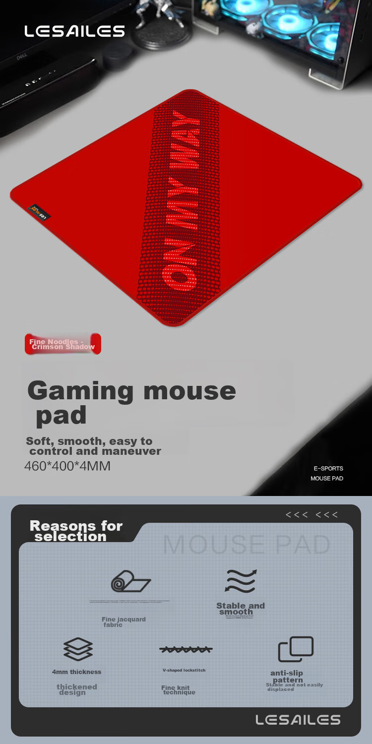 LESAILES Gaming Mouse Pad, Smooth FPS Surface for Computer Desk, Random Texture Jacquard Knight Zero Atk Air Qck Heavy Chizhen Huodun Red Dye 2 Kaili 1