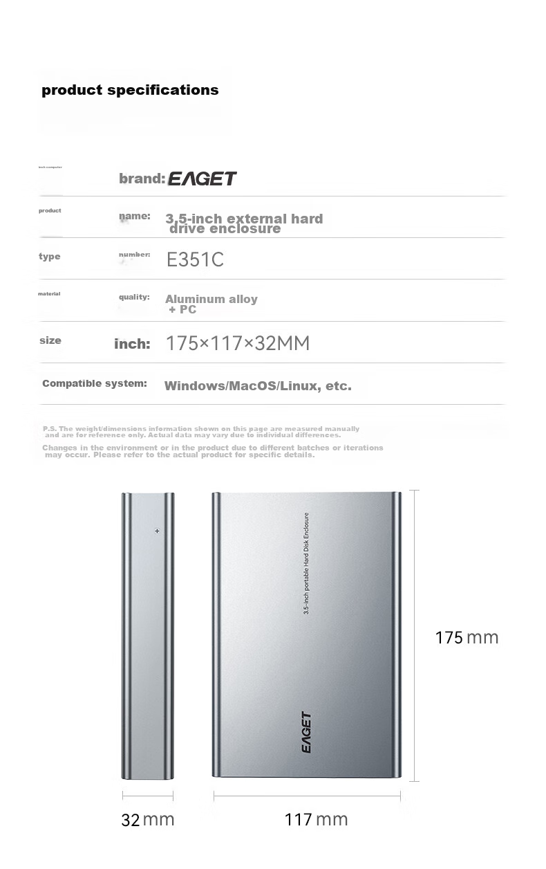 EAGET Type-C3.1 External Hard Drive Enclosure, 2.5/3.5 Inch, for Laptops And Desktops, SATA SSD/HDD Compatible, All-Aluminum Alloy, E351C 15
