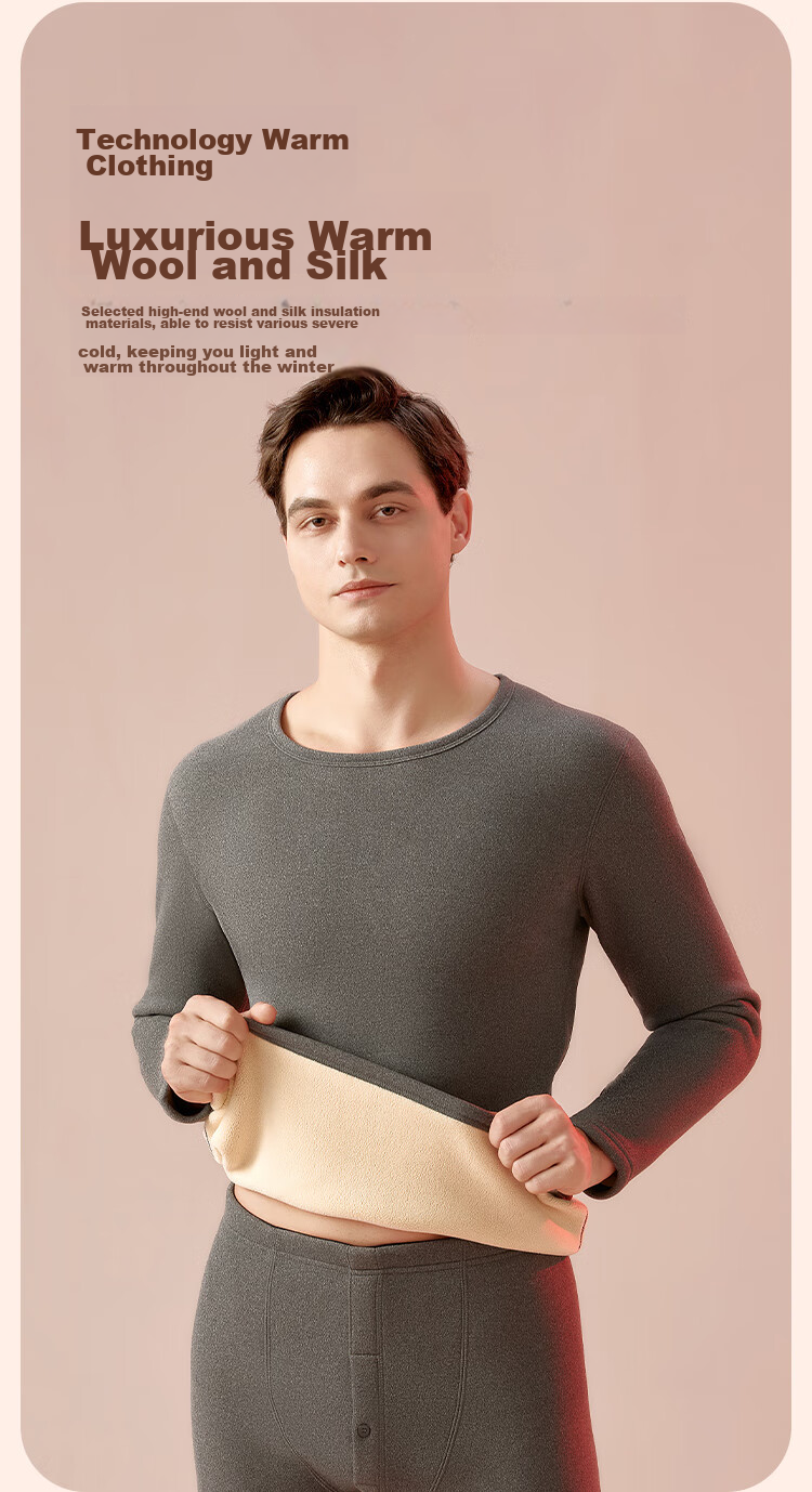 Hengyuanxiang Wool And Silk Thermal Underwear, Fleece-Lined, Extra Thick, Mid-Collar Autumn Top And Bottom Set 6