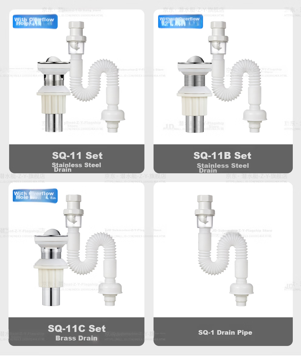 Submarine SQ-11 Drain, Basin Drain Pipe Set with Overflow Hole, Drain Kit 17