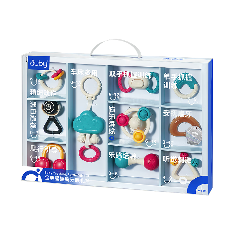 Auby Rattle Teether for 0-12 Months, Infant Soothing Toy, Newborn Gift Box, Chewable Full Moon Present
