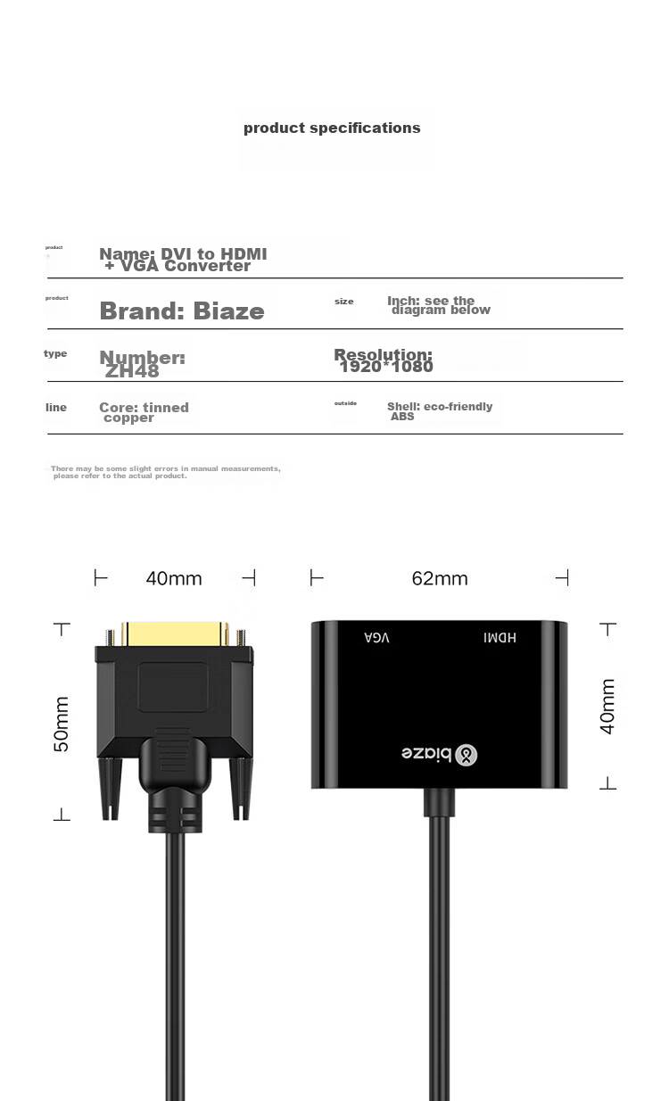 BIAZE DVI to HDMI + VGA Converter, One-To Splitter (Same Display), One-To HD Extension Splitter, One-In Two-Out, for Connecting PC to TV Or Projector 16