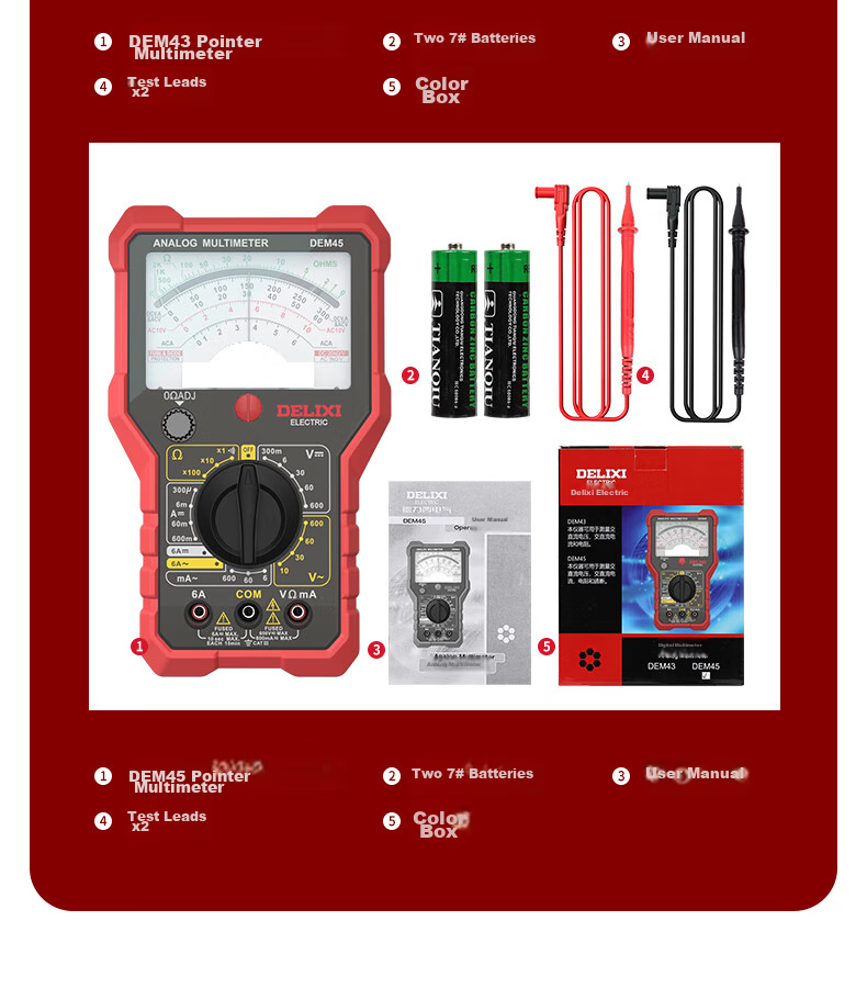 DELIXI ELECTRIC Analog Multimeter, High-Precision, Intelligent Burn Protection, for Home And Electrical Use, Continuity Test, DEM45 14