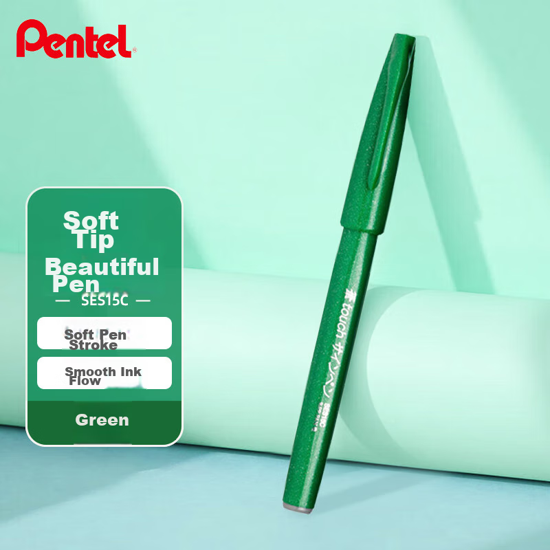 Pentel Colorful Soft Brush Pen, Elastic Tip Water-Based Pen Touch for Journaling, Letters And Greeting Cards, SES15C Green/single Pe