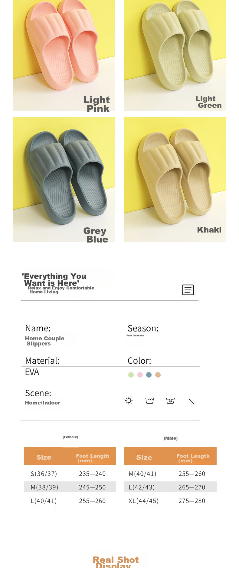 Grace Home Couple Slippers EVA Simple Fresh Morandi Color Unisex Sandals Odor-Resistant Non-Slip Khaki 42-43 8