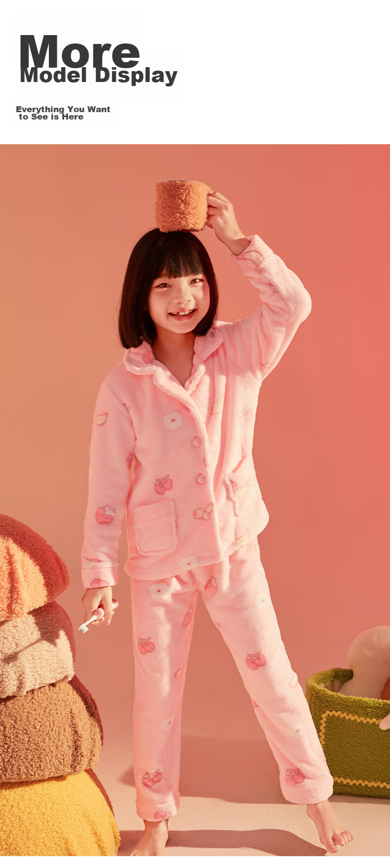 LangSha Children's Pajamas, Boys' Autumn And Winter Round Neck Fleece-Lined Thickened Double-Sided Flannel, Girls' Home Wear, Warm Set, Size 150 14