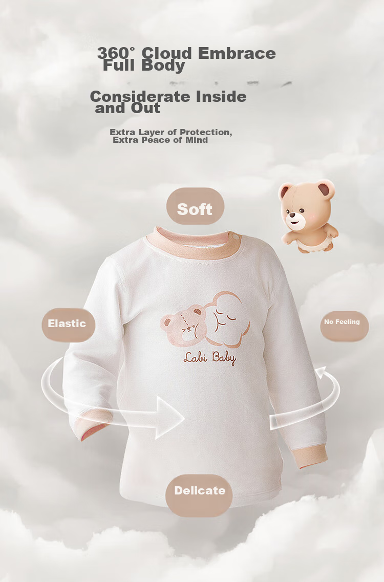 Labi Baby Children's Underwear Set, Boys And Girls Four Seasons Pajamas, Big Kids Autumn Clothes And Pants, Shoulder Opening Off-White, Size 90 4