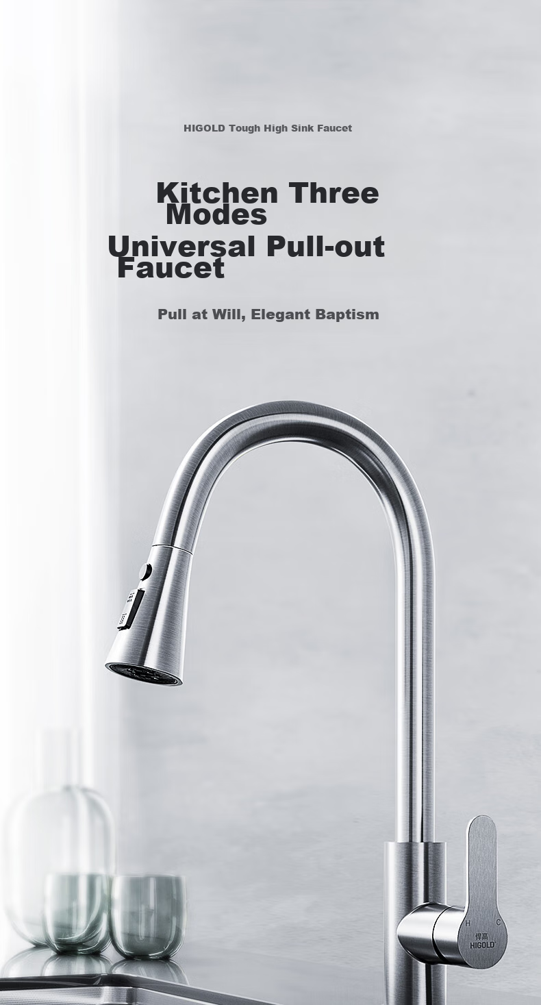 HIGOLD Kitchen Faucet, 304 Stainless Steel Rotating Pull-Out Tap, Sink Hot And Cold Dual Control, Three-Function Water Tap 1