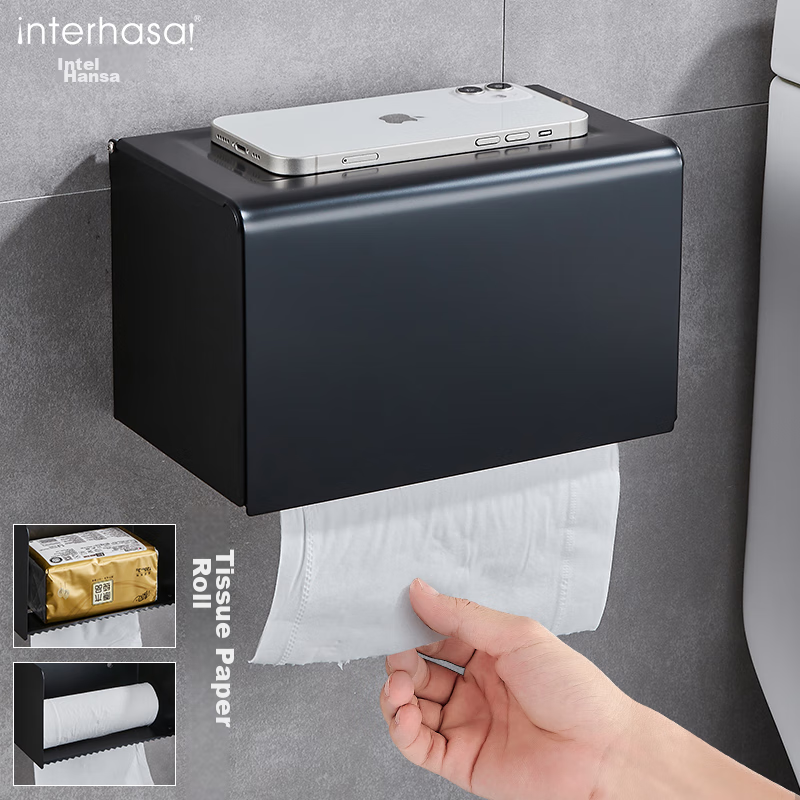 Interhasa! Space Aluminum Toilet Paper Holder, Wall-Mounted Bathroom Tissue Box, No Drilling Required P1190009
