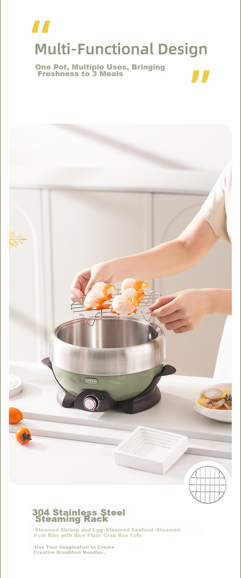 ERNTE Small Green Pot 2L Electric Hot Pot, Electric Cooking Pot, Electric Frying Pan, Multi-Functional Home Cooker for 2-3 People, EHP-22012S Olive Gree 4