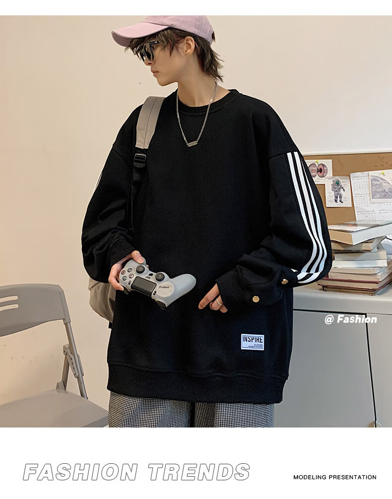 Foss Phil Men's Sweatshirt, Spring And Autumn Casual Loose Long-Sleeve T-Shirt, Striped Round Neck Top, 8801 White XL 6