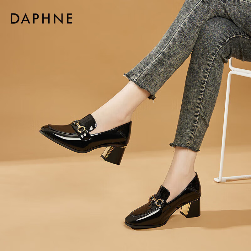 DAPHNE Women's Formal Leather Shoes, British Style Chunky Heel High Heels for Work, Business Commute Loafers, Black, Size 36