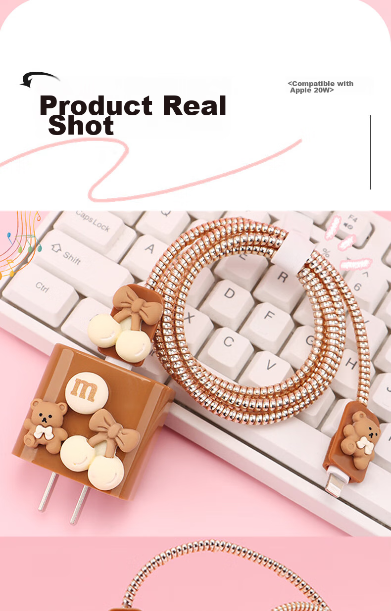 Dipuer Charging Head Data Cable Protective Sleeve, Silicone Anti-Breakage Phone Charging Protector, 20W Cartoon Connector Cable Set of Four [Khaki Bear] 7