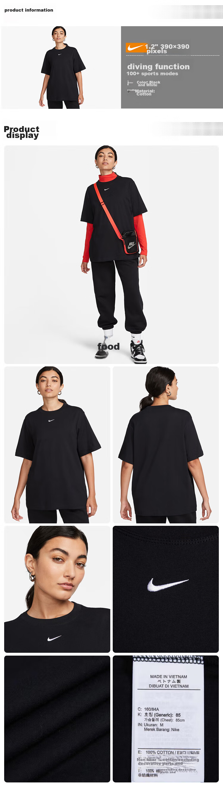 NIKE Spring And Summer Women's Short-Sleeve T-Shirt, Pure Cotton, Athletic, Oversize Loose Fit, FD4150-010, Black XL 3