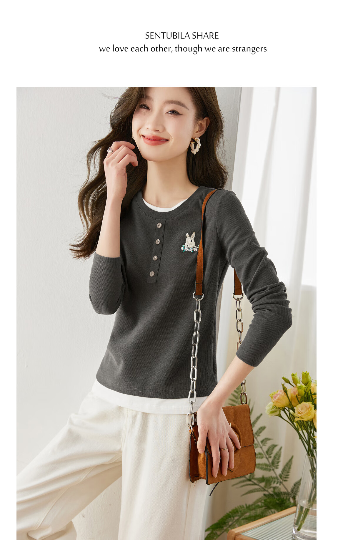 Sentubila Rabbit Embroidery Faux Layered Round Neck Long Sleeve T-Shirt for Women, Spring And Autumn Outer Wear Slimming Top, Dark Gray, S 15