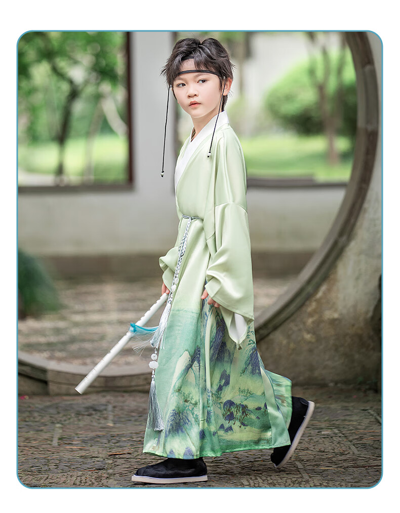 Luomeng Hanfu Boys' Chinese-Style Children's New Performance Costume, Qingshan Green Boys' Hanfu Set, Size 120 5