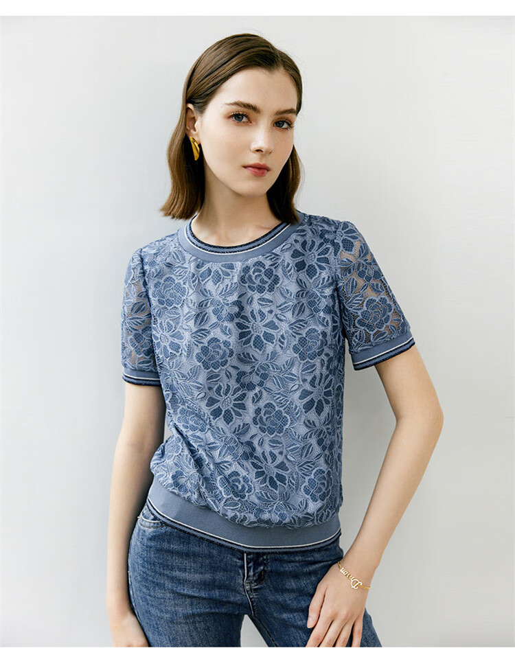 YANYEE Crochet Hollow Lace Top Women 2023 Summer Light Mature Style Short Loose T-Shirt Blue S/36 2