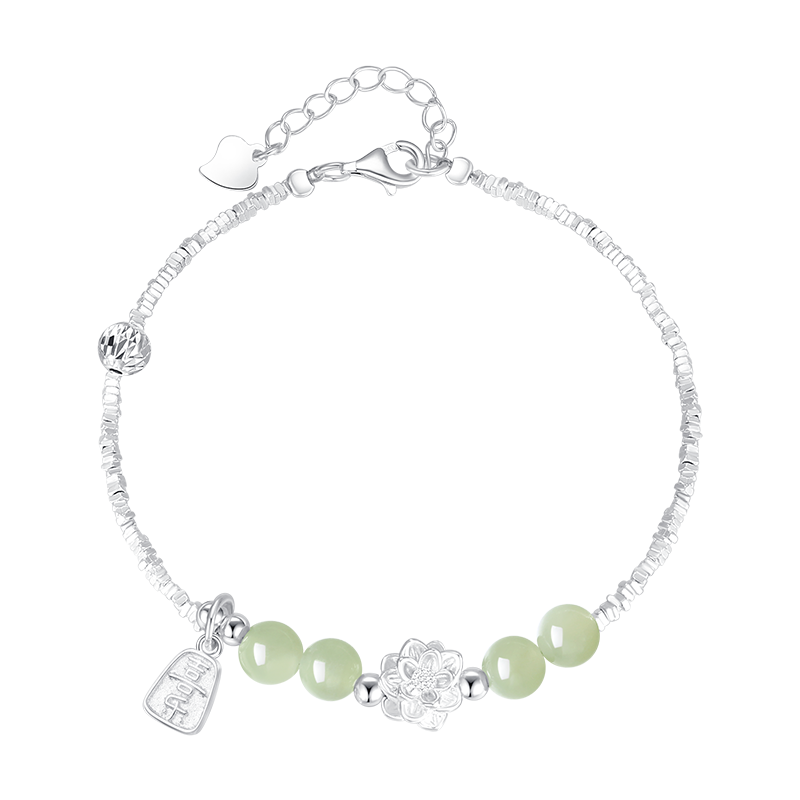 CHOW TAI SENG, Lucky Lotus Silver And Hetian Jade Bracelet, Pure Silver Bracelet for Women, 2026 New Style Silver Jewelry, Birthday Gift for Girls