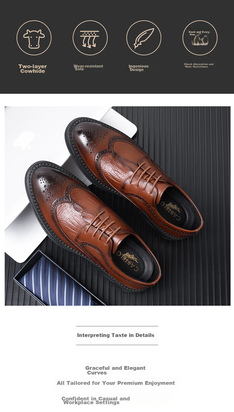 CARTELO Men's Leather Shoes, Brogue Derby Shoes, Business 2026 New Style Casual Genuine Leather Formal Shoes, Height-Increasing British Style Wedding Shoes 2