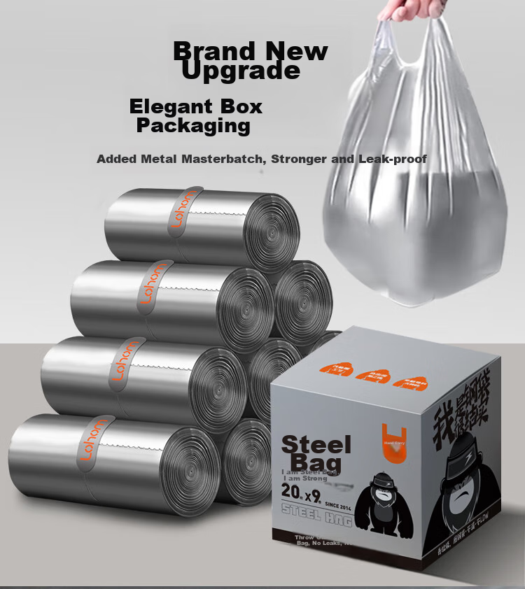 Lahong Steel Bag Vest Garbage Bags, Silver, 45*60cm, 180 Pieces, 1 Mil Thickness, Household Thickened Handheld Plastic Bags, Kitchen Medium Size 6