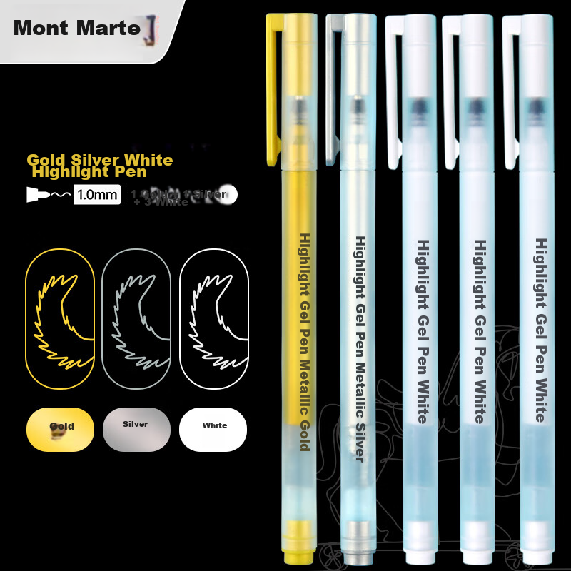Mont Marte Highlighter Pen for Art Students, 1mm Fine Tip White Pen for Drawing Outlines, Comics, Children's Journaling, Highlight Drawing, White 3 Gold 1 Silver 1B 3J 1Y -XZY23 Sketching, Marker Drawing