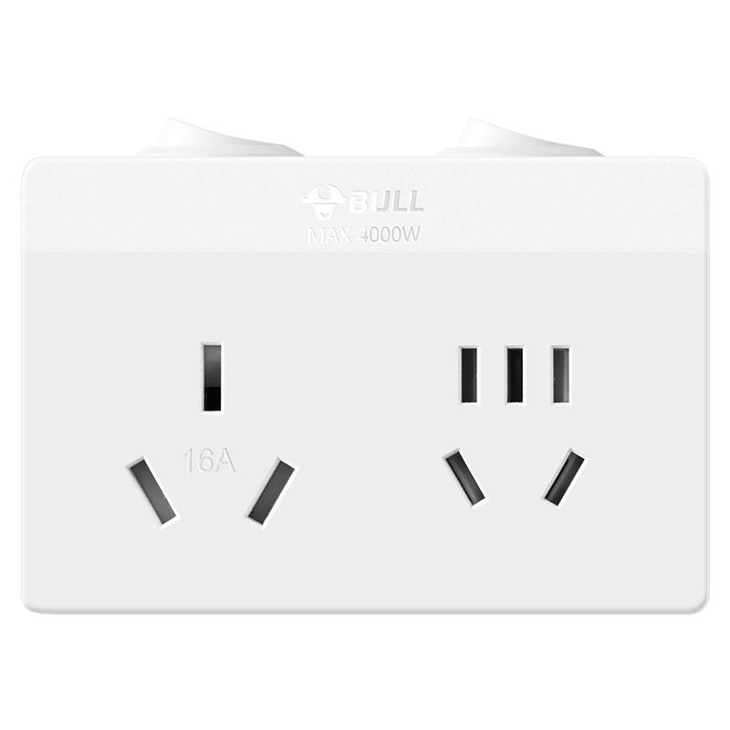 BULL 16A High-Power One-To/16A to 10A Multi-Outlet Adapter/Converter Plug, Suitable for Air Conditioners And Water Heaters, 2-Gang Independent Control, Morning Mist White GN-Z9323D
