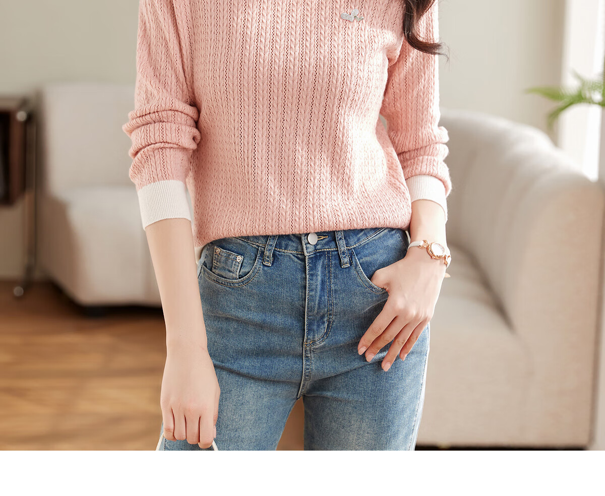 She Enjoy Women's Knitwear Round Neck Thin Sweater Lightweight Knit Top Spring Autumn Versatile Color-Block Collar T53Z155 2