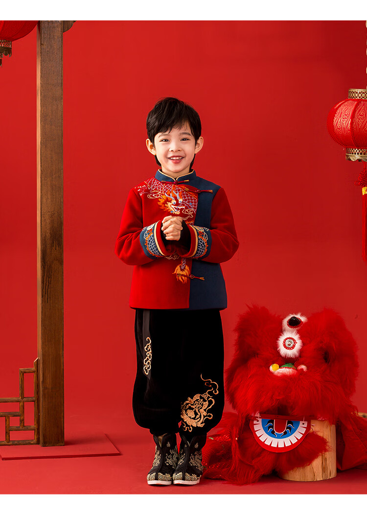 Qibo Boys' New Year Hanfu, Children's Winter 2026 Style, Chinese-Style Greeting Outfit, Cloud-Rising Dragon Antlers Red And Blue Top, Size 110 1