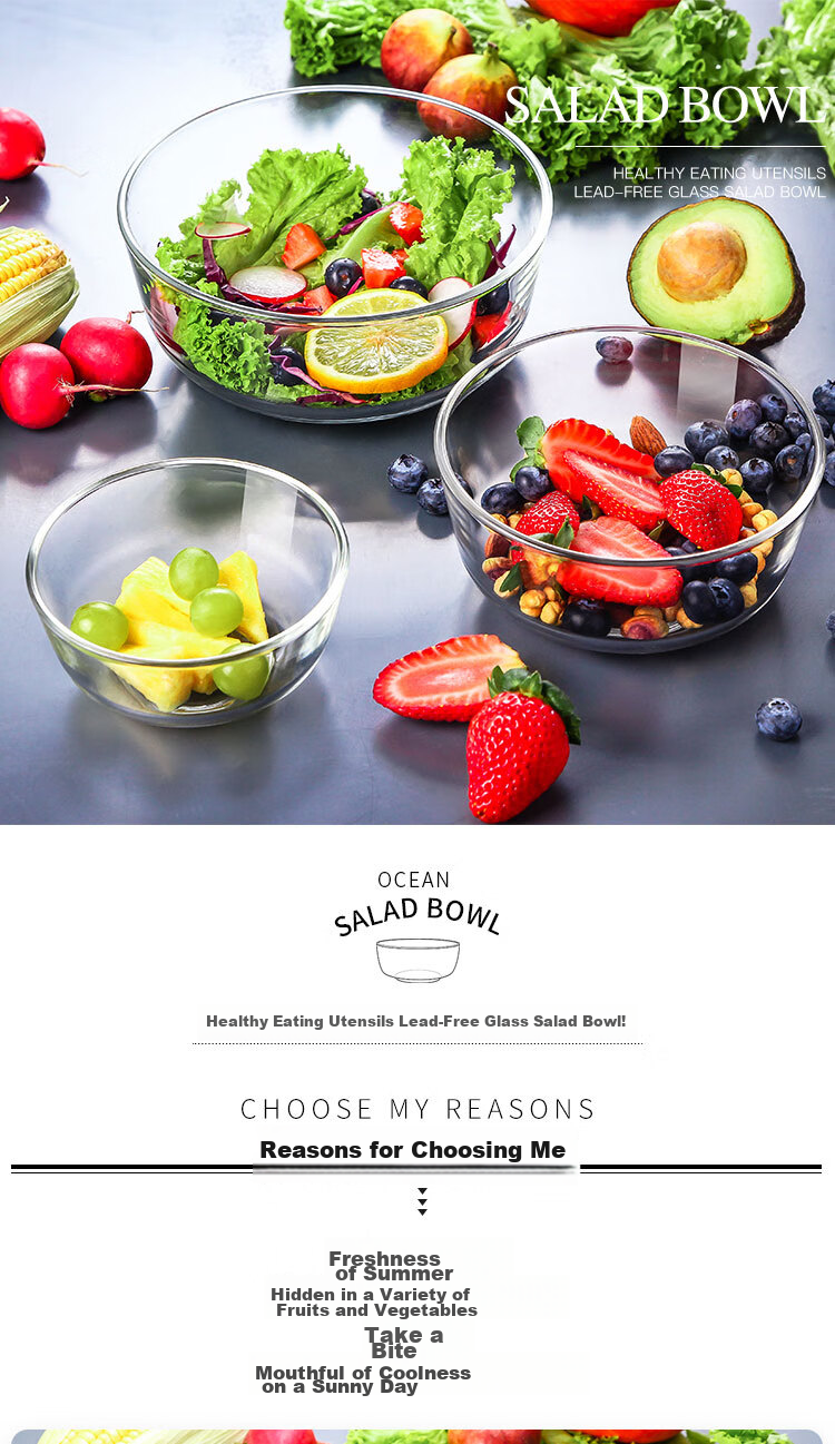 Ocean Thai Imported Glass Salad Bowl, Noodle Bowl, Soup Bowl, Fruit Dessert Bowl Set of Five Pieces 1