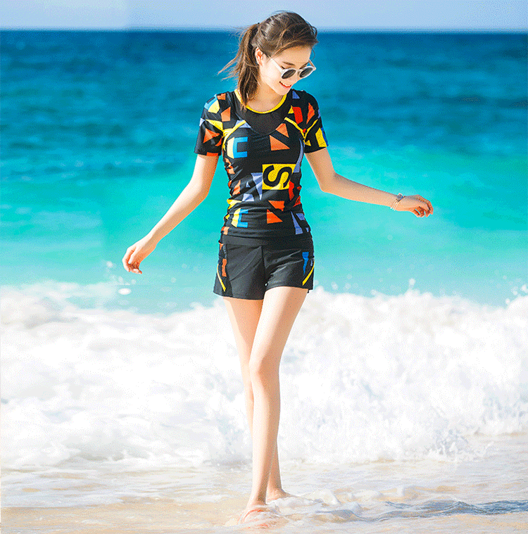 DK Conservative Two-Piece Swimsuit for Women, Push-Up Bra, Slimming, Tummy Control, Short-Sleeve Swimwear for Hot Springs And Swimming 2