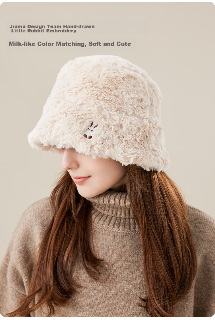 JIUMU Faux Rabbit Fur Warm Fisherman Hat, Autumn And Winter Face-Slimming Bucket Hat, Versatile Bucket Cap, Winter Hat, Windproof And Cold-Resistant Hat for Wome 5