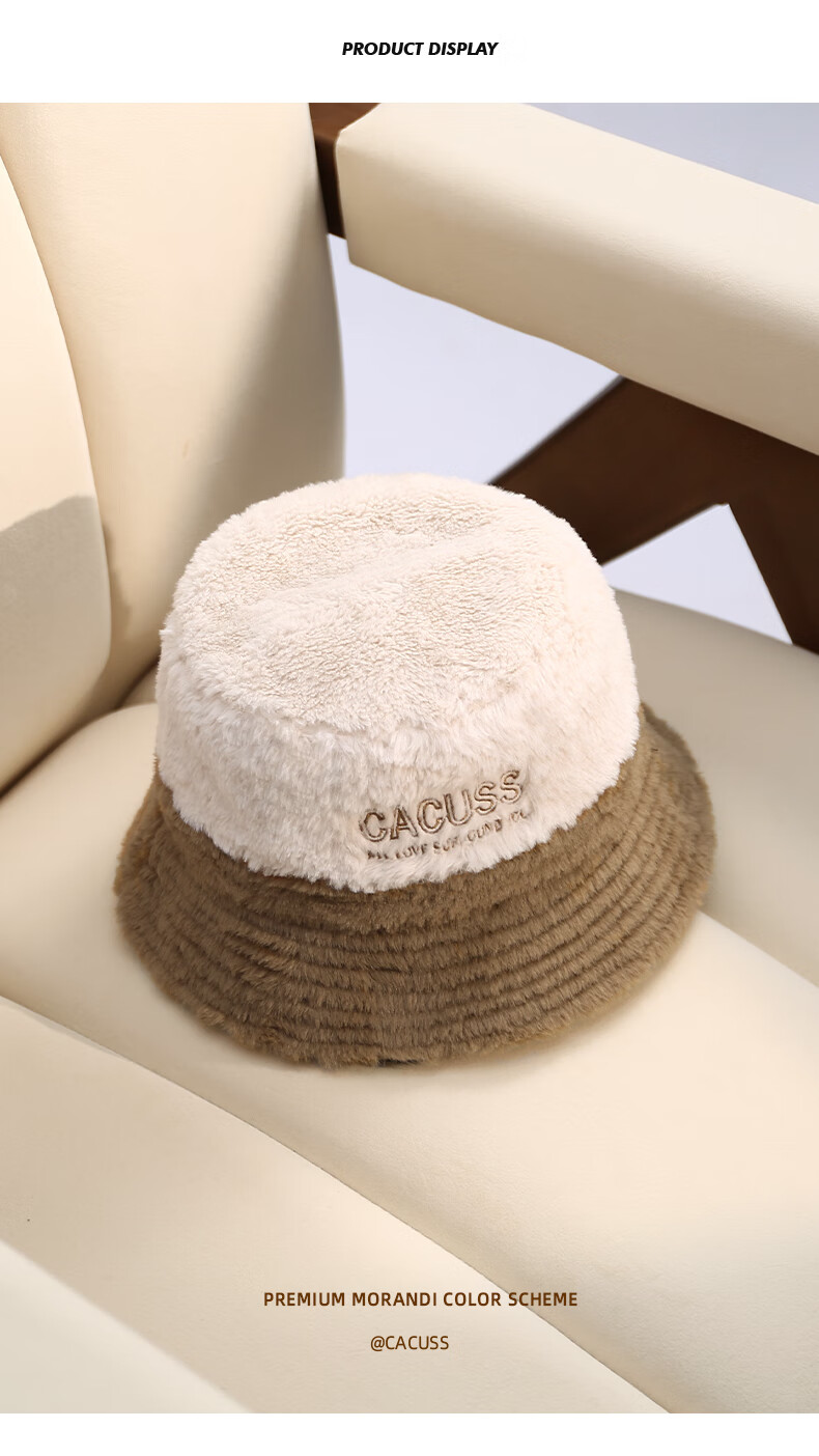 CACUSS Women's Winter Warm Fisherman Hat, Large Head Circumference, Face-Slimming Bucket Hat, Retro Plaid Teddy Fleece Hat, Coffee Color 10