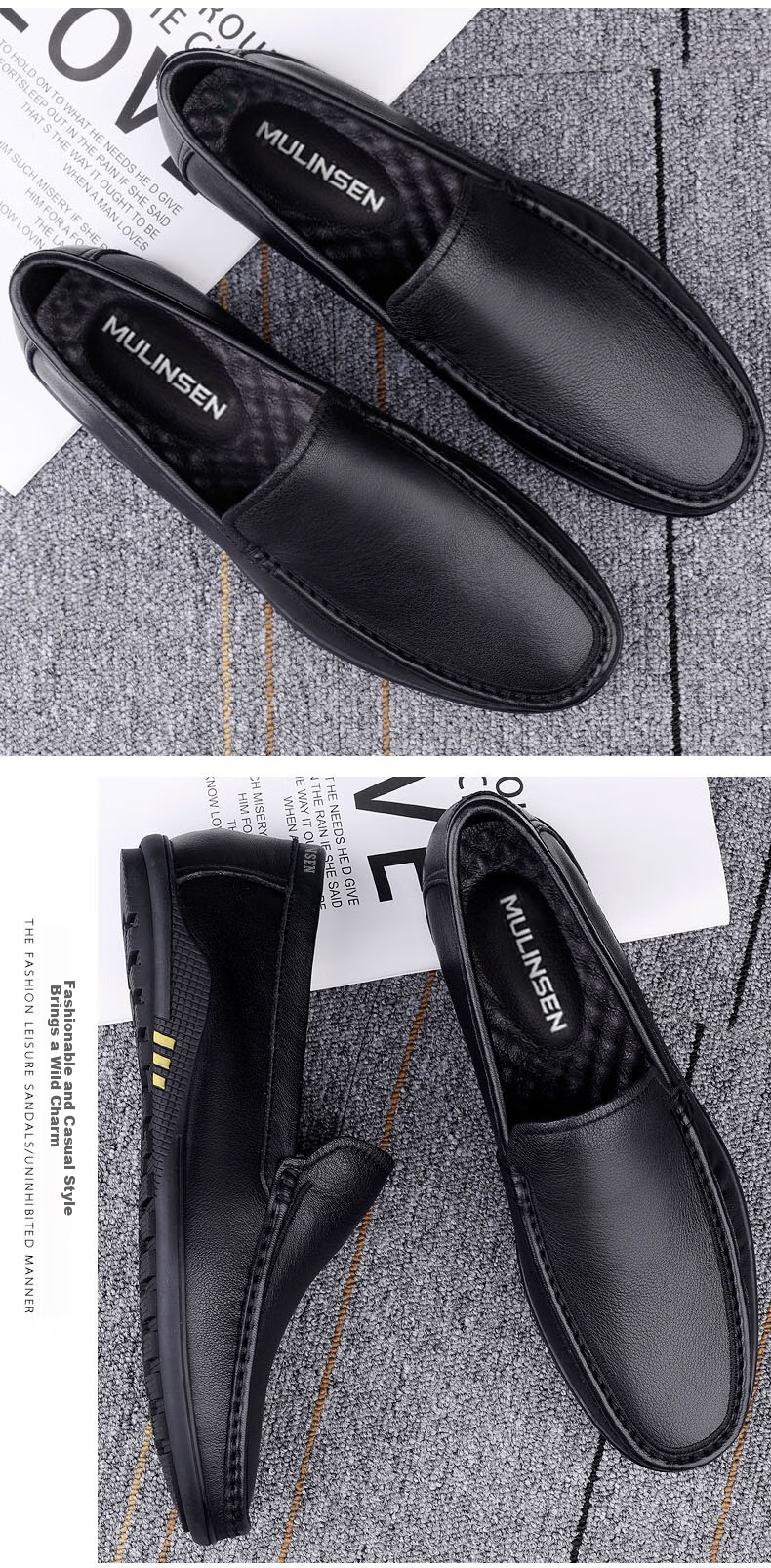 MULINSEN Men's Shoes, Top-Grain Leather, Business Casual Soft-Soled Loafers, Size 42, Black, 19591 12