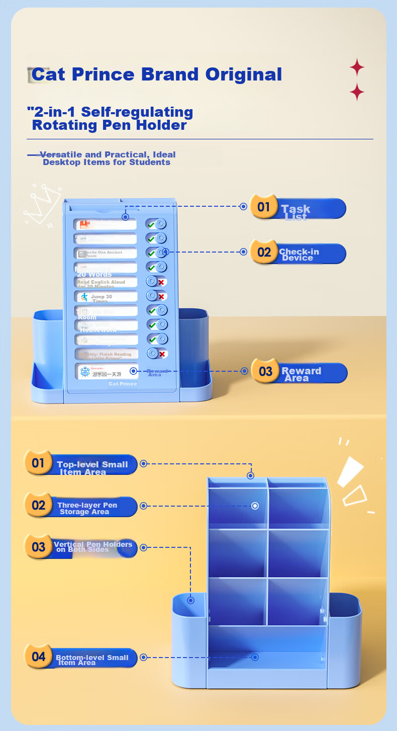 Maotaizi 360-Degree Self-Regulating Rotating Pen Holder, Large Capacity, Multifunctional Storage Box for Children, Stylish Creative Desktop Pen Container, Self-Discipline Check-In Planner, Study Tool 3