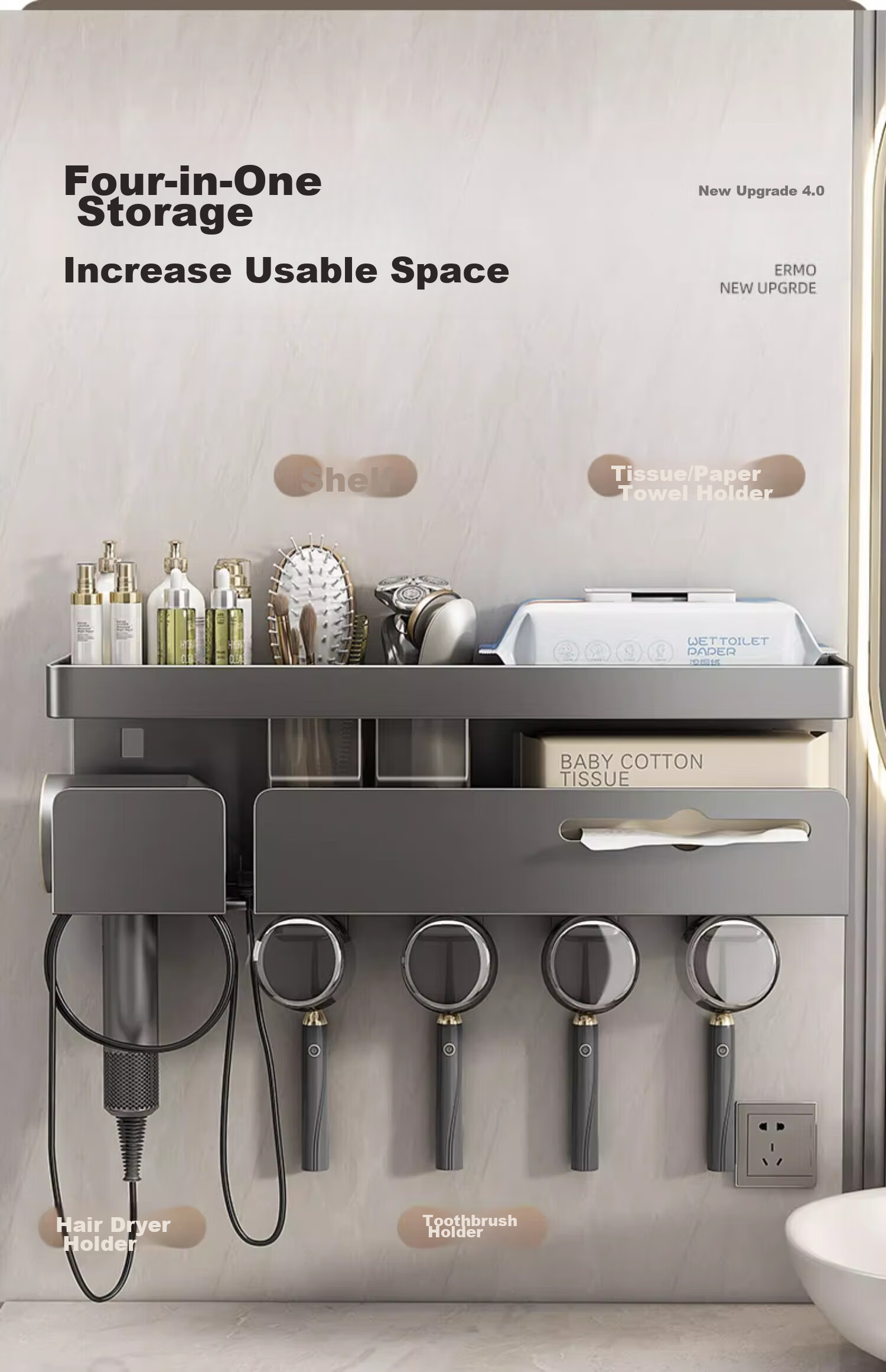 MUYA Electric Toothbrush Holder, Bathroom Storage Rack, Toilet And Bathroom Rinsing Cup, Multifunctional Hair Dryer Wall-Mounted Rack 8