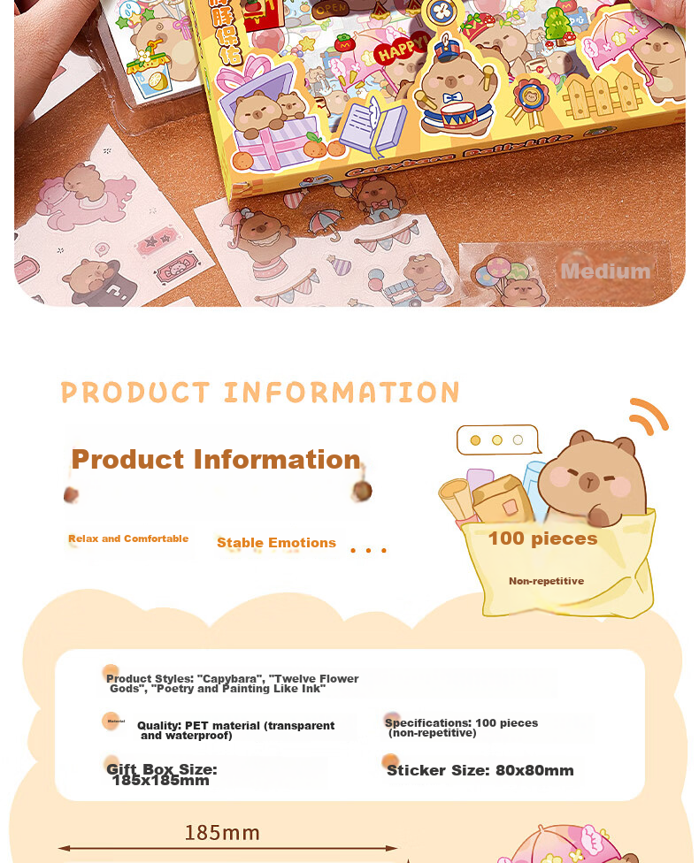 DiLe Journal Sticker Material Set, Cute Cartoon Children's Stickers, Waterproof Transparent Cup Stickers, 100 Pieces, KBX-2316C Shihua Ruomo Gift Set 2