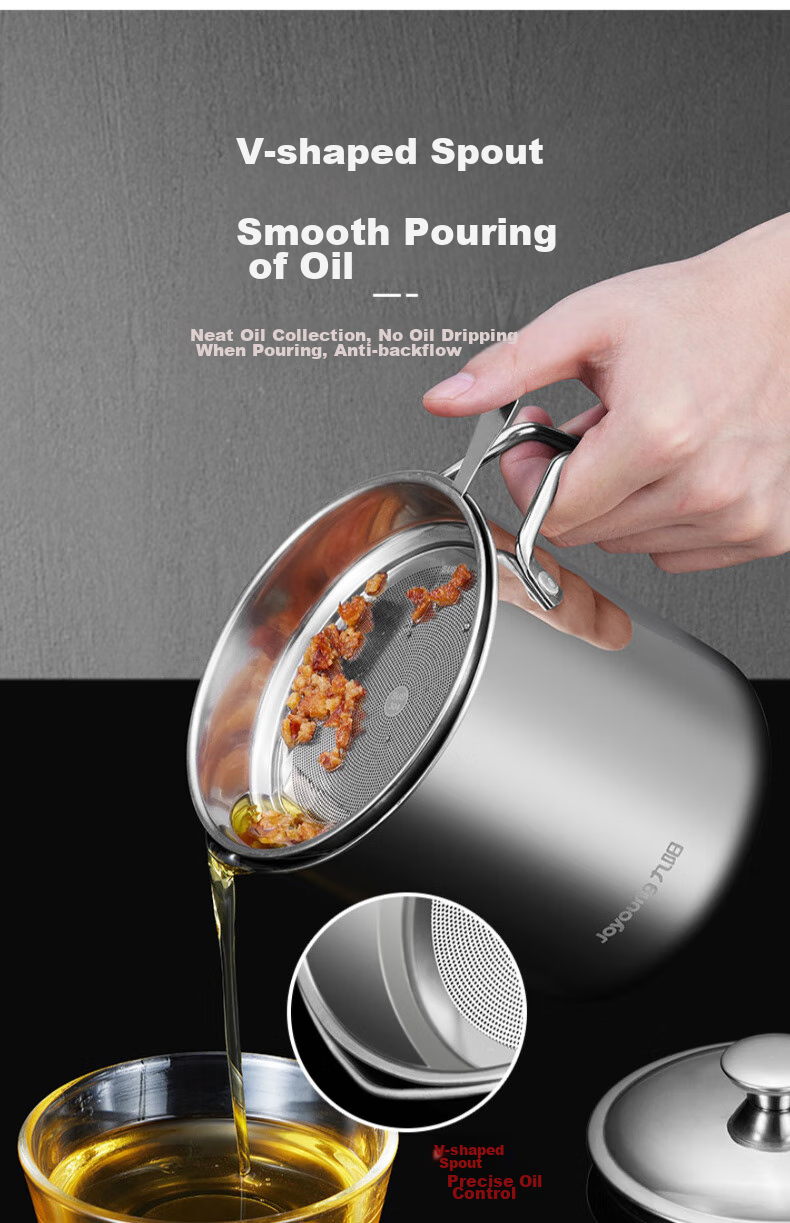 Joyoung Oil Dispenser, 304 Stainless Steel, Household Oil Strainer, Oil Storage Bottle, Kitchen Essential Tool, 1.8L 14