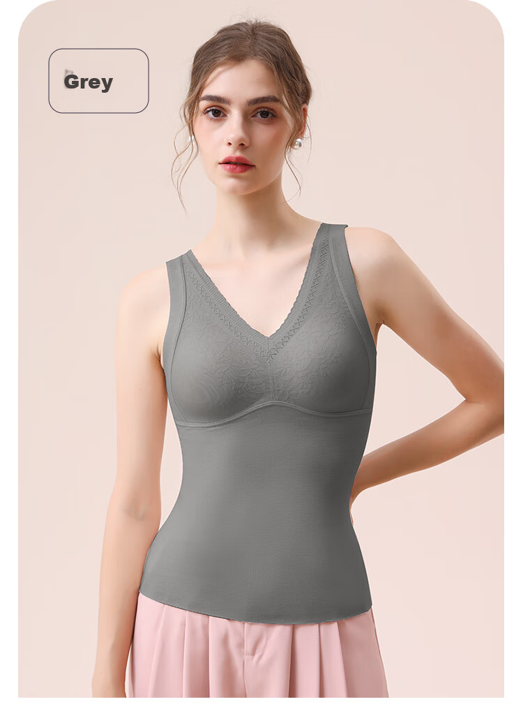 MiiOW Thermal Underwear Vest for Women with Lace Trim And Built-In Bra Pads, Acrylic Camisole, No Bra Needed, Base Layer, Gray, XL 20