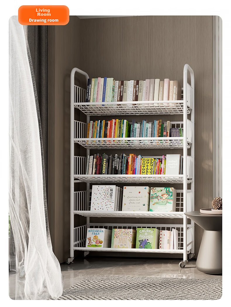 Milin Bookshelf Picture Book Rack Toy Storage Shelf Multi-layer Floor-standing Storage Rack Four Layers with Wheels 13