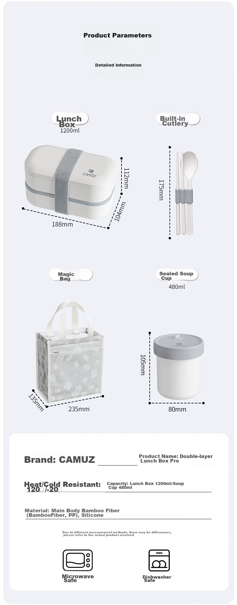 CAMUZ Bamboo Fiber Pro Double-Layer Lunch Box Bento Box, Japanese Style, Microwave Safe, 1200ML, White And Black, 3-Piece Set 3