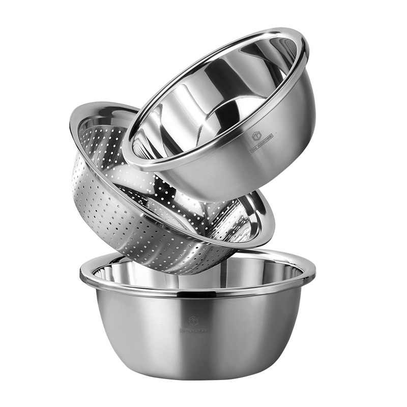 JD Original 304 Stainless Steel Vegetable Washing Basin, Extra Large And Thick Seasoning Marinade Basin, Draining Basin, And Dough Mixing Basin Set, Three-Piece Set